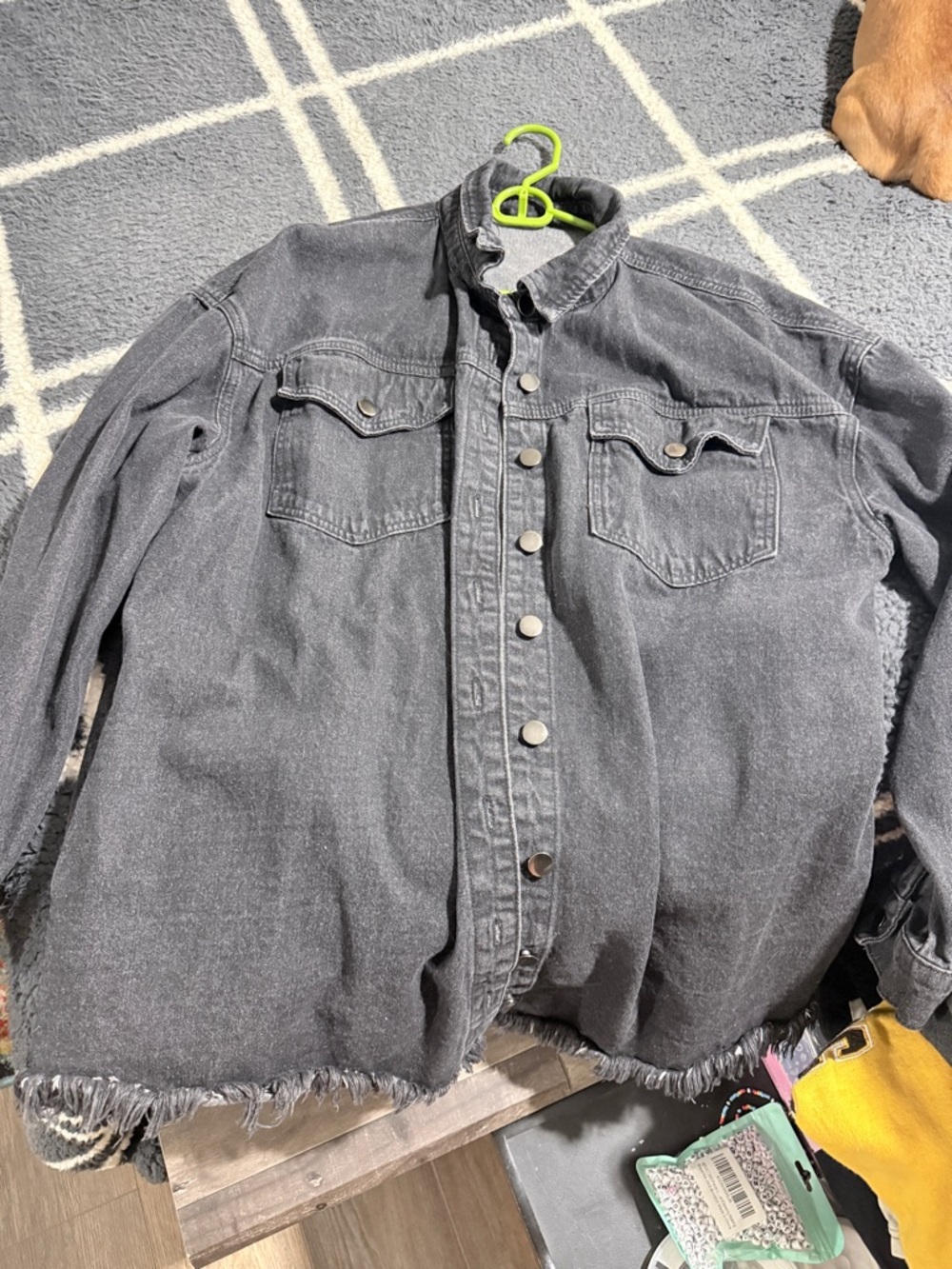 Black Washed Denim Button-Up Shacket with Frayed Hem